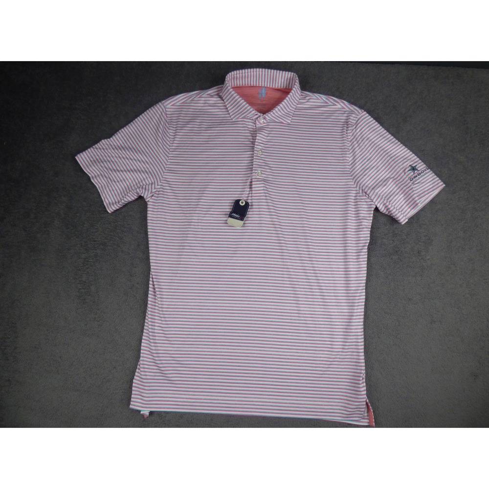 johnnie-O Mens Striped Performance Polo Shirt Pink Blue Cowboys Golf Club M NEW